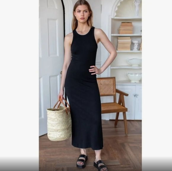 New Theory Racer Tank Ribbed Modal/Cotton  Black Tank Midi Dress NWT Large - Picture 2 of 12